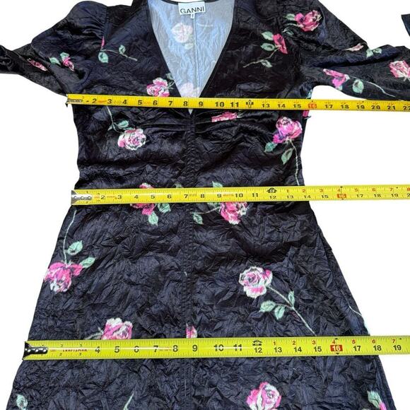 Ganni Crinkled Satin Minidress V-neck Romanticgoth Puff Sleeves Sz 36 Whimsigoth - Picture 10 of 12